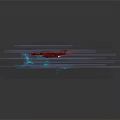 Red Interstellar Spaceship Flying Through Cosmic Starry Sky With Light Rays