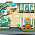Cartoon Futuristic Control Room Scene with Green Transparent Panels Orange Chairs Red Devices And Console