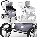 Modern Stylish Gray Baby Stroller With Padded Seat Storage Pocket And Black Wheels