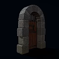 Medieval Stone Arch Door Structure With Wooden Panel Iron Bars And Metal Hinges