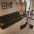 Retro Dark Green Leather Sofa And Clear Glass Coffee Table Combination For Cozy Living Room