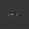 Electric Motorcycle with Red Wheels Black Seat Charging on Round Gray Platform with Blue Charger