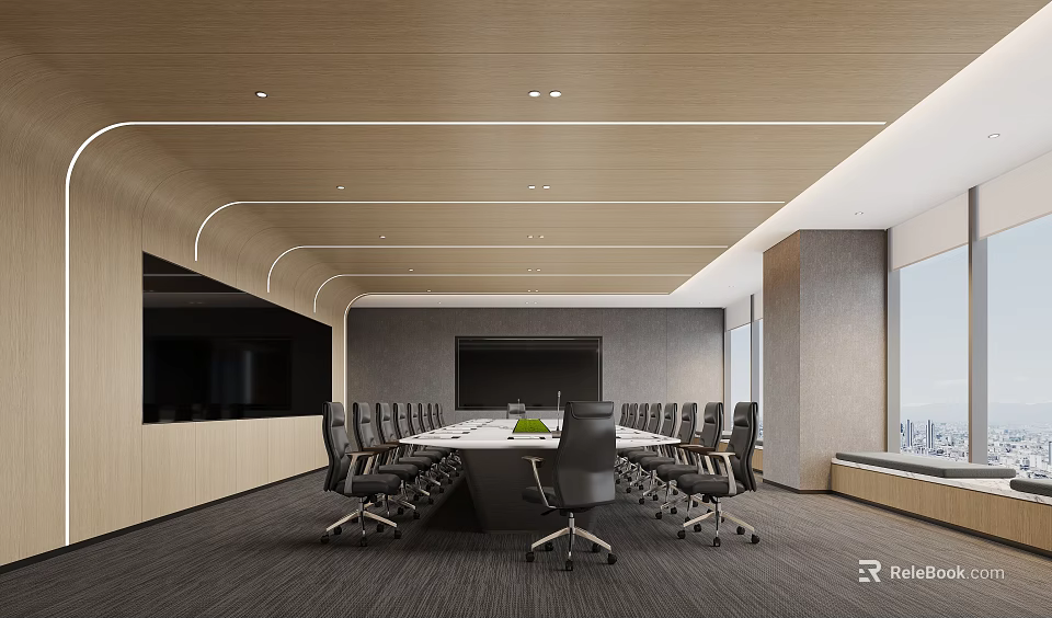 Modern Conference Room Interior With Long Table Black Chairs Wooden Ceiling And Large Screen 3d model 