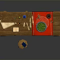 Wooden Work Desk With Three Tiered Shelf Colorful Bottles Scroll Quill Red Cloth And Stool