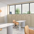 Book Art Interior Space With Wooden Bookshelves Decorative Shapes Tables And Yellow Chairs
