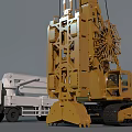 Yellow Large Crawler Crane With Complex Structure And White Truck Parked Beside