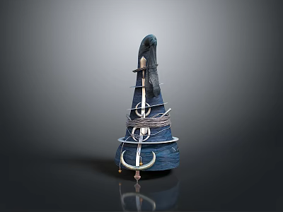 Blue Cone Shaped Decorative Sculpture With Wrapped Rope And Metal Ring Accents 3d model