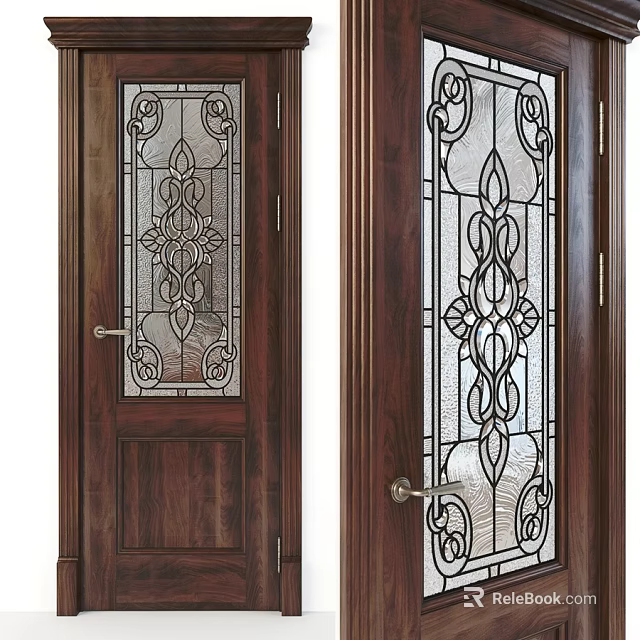 Wooden Hinged Doors With Stained Glass Intricate Patterns For Interior Entrance 3d model 