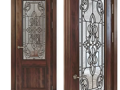 Wooden Hinged Doors With Stained Glass Intricate Patterns For Interior Entrance 3d model