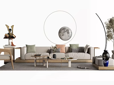 Modern Beige Sofa and Coffee Table Set with Multiple Pillows Moon Decor and Floor Lamp 3d model