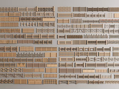 Various Styles of Wooden Fence Samples with Different Designs Neatly Arranged Together 3d model