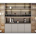 Modern Wine Cabinet Design With Open Shelves Coffee Makers Cups And Wine Bottles