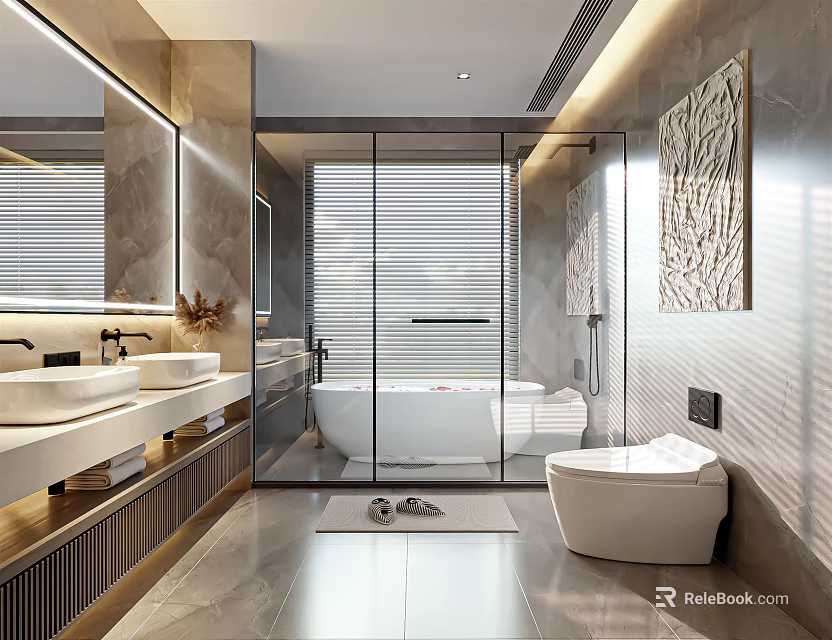 Elegant Modern Bathroom Interior Design With Double Sinks Glass Shower And Freestanding Bathtub 3d model 