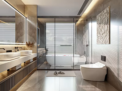 Elegant Modern Bathroom Interior Design With Double Sinks Glass Shower And Freestanding Bathtub 3d model