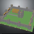 Medieval Castle Architecture With Fortified Walls Stone Towers And Green Courtyard