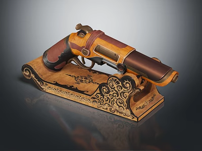 Decorative Vintage Pistol With Ornate Metal And Wood Details On Intricate Carved Wooden Stand 3d model