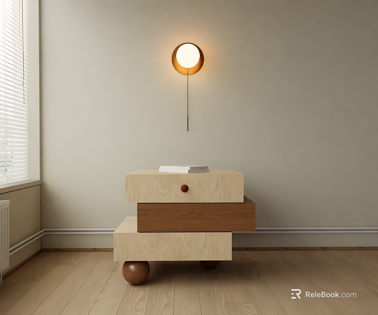Minimalist Chest of Drawers with Stacked Light Wood Brown Drawers Round Legs and Wall Lamp 3d model 