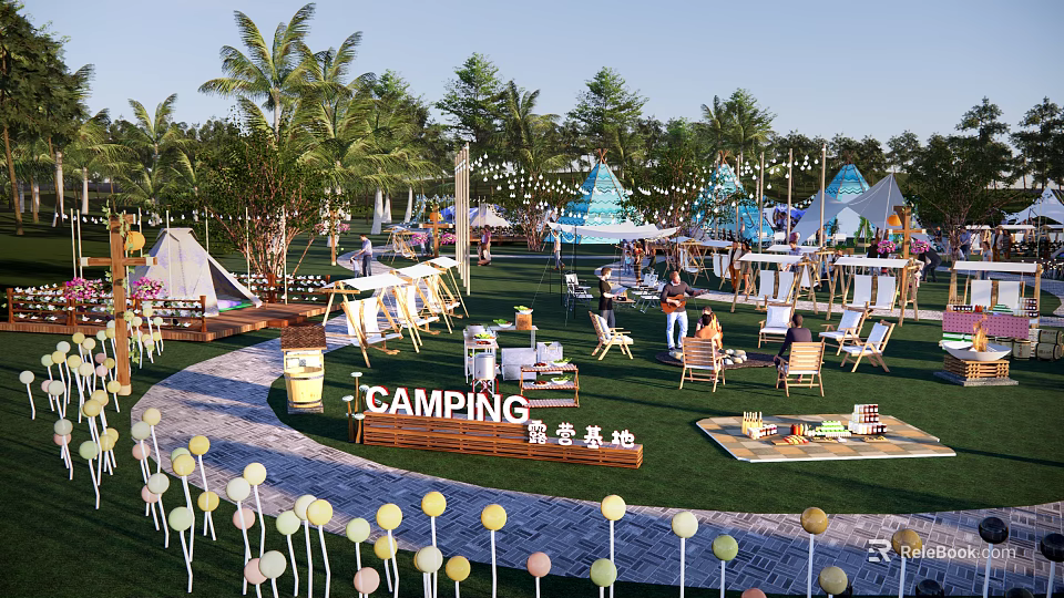 Vibrant Camping Site With Colorful Tents Palm Trees And Green Lawn 3d model 