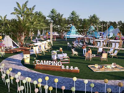 Vibrant Camping Site With Colorful Tents Palm Trees And Green Lawn 3d model