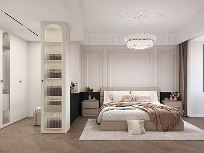 Elegant White Bedroom Interior With King Bed Crystal Chandelier Nightstand And Carpet 3d model