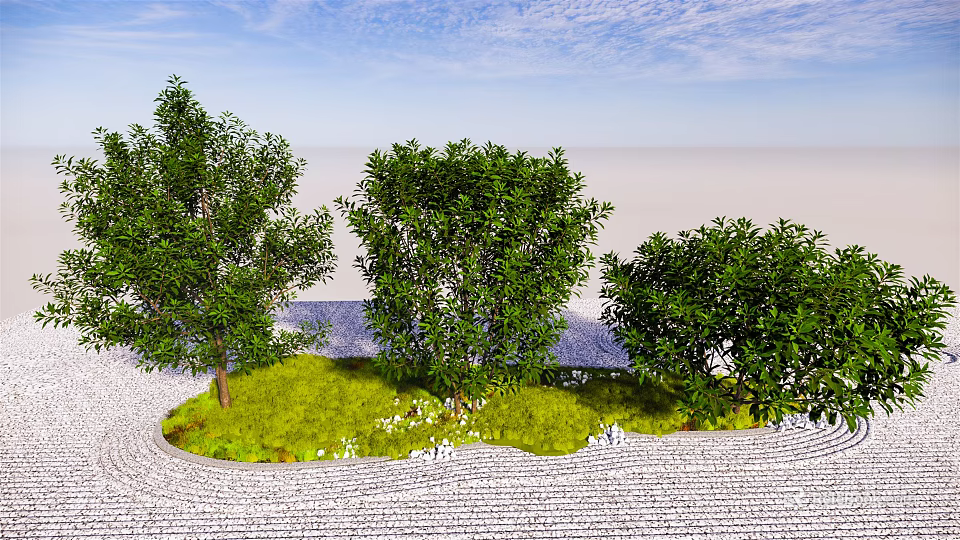 Lush Green Trees With Dense Foliage On Grassy Area Near Stone Path Under Blue Sky 3d model 