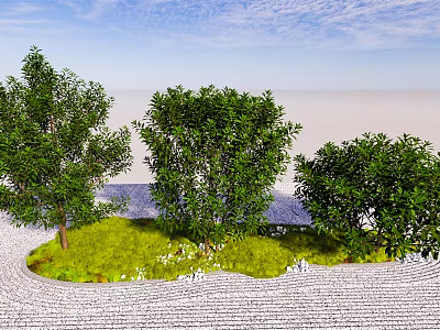 Lush Green Trees With Dense Foliage On Grassy Area Near Stone Path Under Blue Sky 3d model