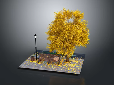 Golden Yellow Leaf Tree With Wooden Bench Street Lamp And Fallen Leaves 3d model