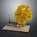 Golden Yellow Leaf Tree With Wooden Bench Street Lamp And Fallen Leaves