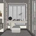 Modern Elegant Walk in Closet Interior With White Cabinets Bench Mirror And Soft Lighting Rug