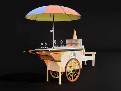 Ice Cream Cart With Colorful Umbrella And Ice Cream Cones 3d model