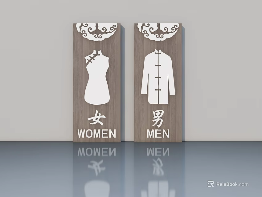 Wooden Swing Door With Women Men Symbols Chinese Characters And English Signs 3d model 