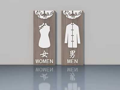 Wooden Swing Door With Women Men Symbols Chinese Characters And English Signs 3d model