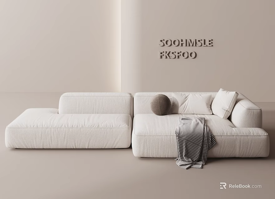 Modern White Sectional Sofa with Decorative Pillow and Blanket in Light Room 3d model 