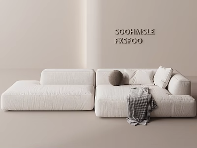 Modern White Sectional Sofa with Decorative Pillow and Blanket in Light Room 3d model