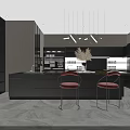 Modern Kitchen Interior Design Featuring Black Bar Red Bar Stools And Pendant Lights 3d model