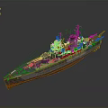 Military Warship Water Transport Vehicle Featuring Turrets Deck And Smokestack Design