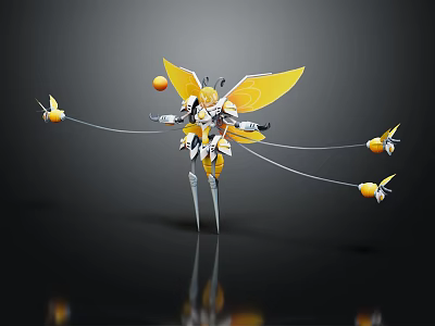 Smart Robot With Yellow Mechanical Wings Connected To Orange Orbs Via Wires 3d model