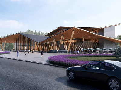 Modern Wooden Visitor Center With Sloped Roof Purple Flower Beds And Outdoor Area 3d model