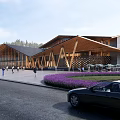 Modern Wooden Visitor Center With Sloped Roof Purple Flower Beds And Outdoor Area