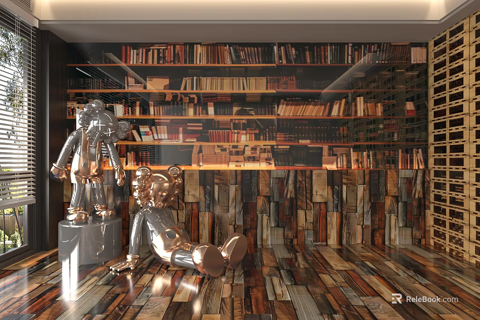 Wooden Plank Background Wall with Bookshelves Filled with Books and Metal Sculptures on Wooden Floor 3d model 