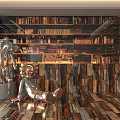 Wooden Plank Background Wall with Bookshelves Filled with Books and Metal Sculptures on Wooden Floor
