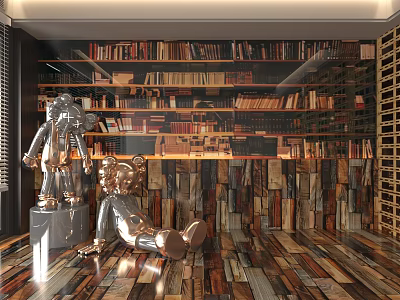 Wooden Plank Background Wall with Bookshelves Filled with Books and Metal Sculptures on Wooden Floor 3d model