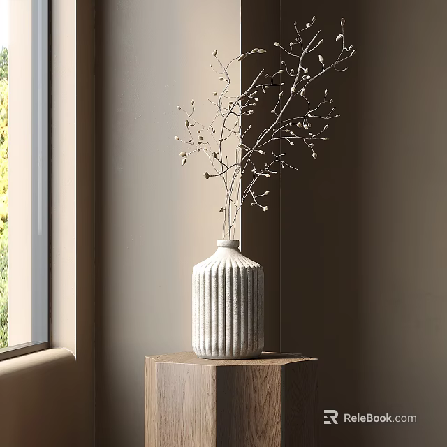 White Ribbed Vase With Branches And Small Buds On Wooden Pedestal By Window 3d model 