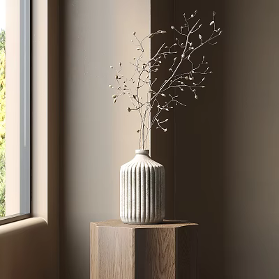 White Ribbed Vase With Branches And Small Buds On Wooden Pedestal By Window 3d model
