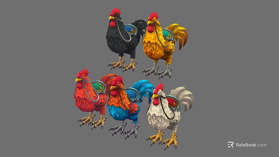 Five Colorful Animated Roosters With Vibrant Feathers Red Combs And Decorative Collars 3d model 
