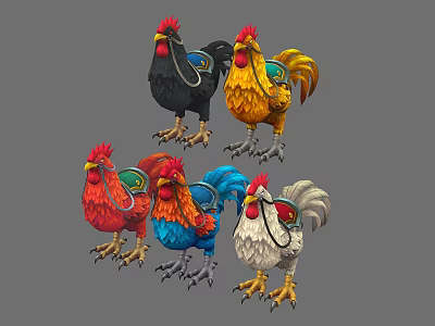 Five Colorful Animated Roosters With Vibrant Feathers Red Combs And Decorative Collars 3d model