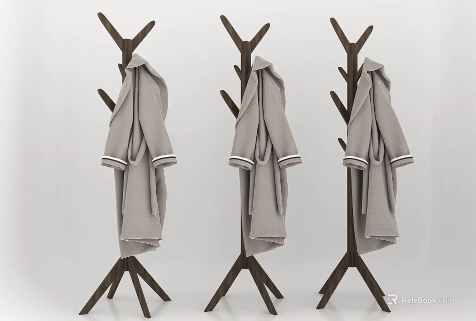Light Gray Coats With White Cuffs Hanging On Three Wooden Coat Racks 3d model 