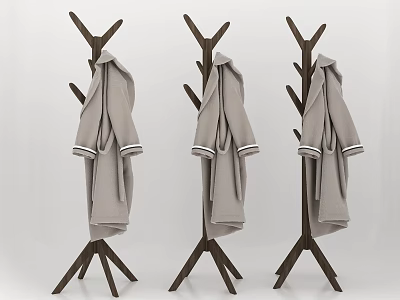 Light Gray Coats With White Cuffs Hanging On Three Wooden Coat Racks 3d model