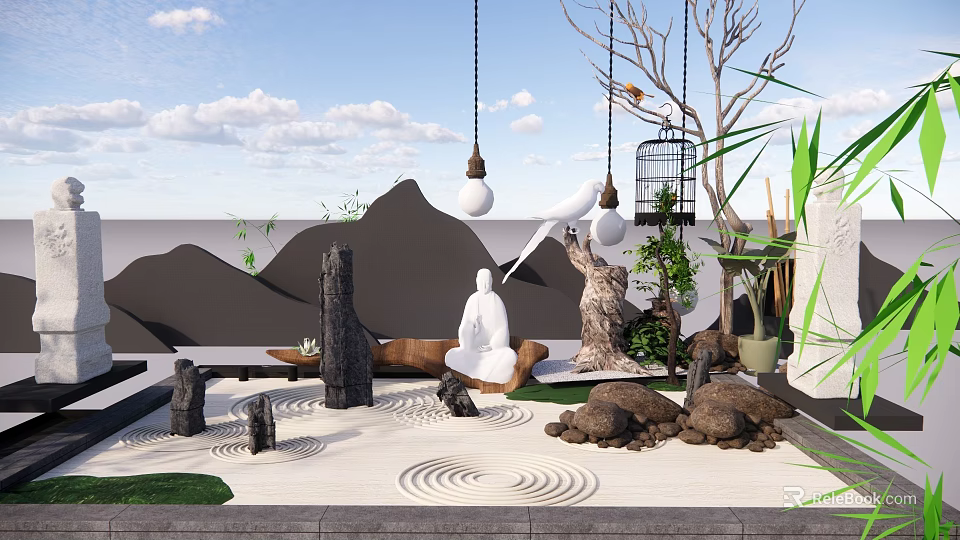 Dry Landscape Garden Featuring White Statue Raked Sand Stones Hanging Lights And Birdcage 3d model 