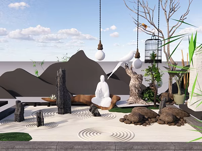 Dry Landscape Garden Featuring White Statue Raked Sand Stones Hanging Lights And Birdcage 3d model